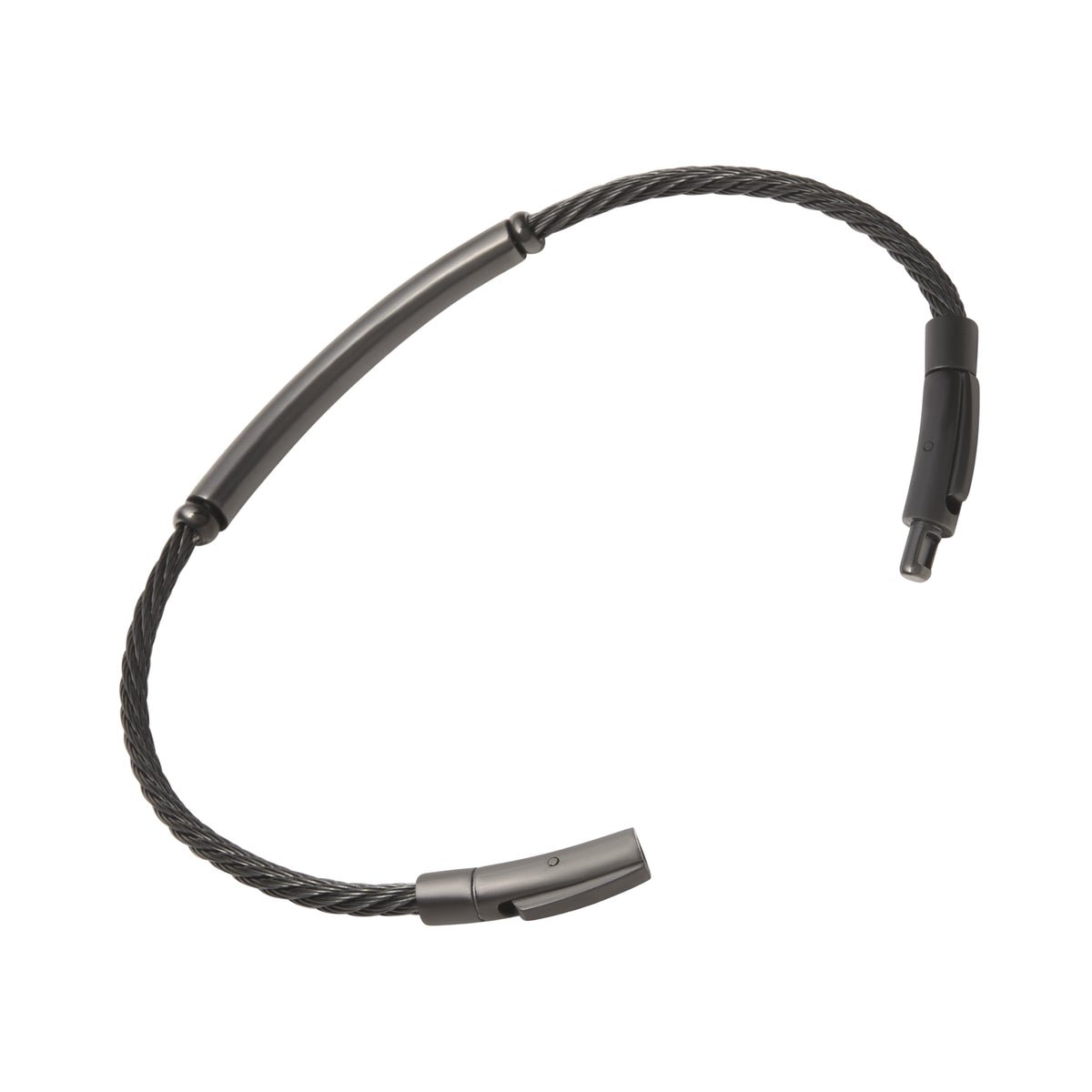 Black twisted cable bracelet with a gunmetal tube bar station, showing the secure push-pin clasp detail.