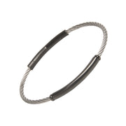 Two-tone stainless steel twisted cable bracelet with three smooth black PVD tube bar stations.