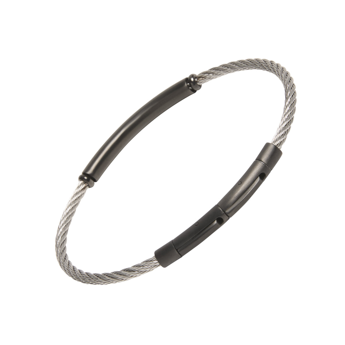Two-tone twisted cable bracelet with a single black PVD tube bar station, highlighting the secure push-clasp closure.