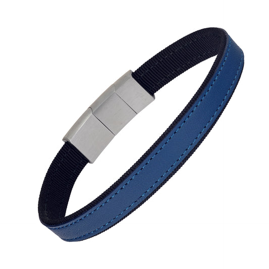 Navy blue flat leather men's bracelet with black nylon webbing edge and brushed silver rectangular magnetic clasp