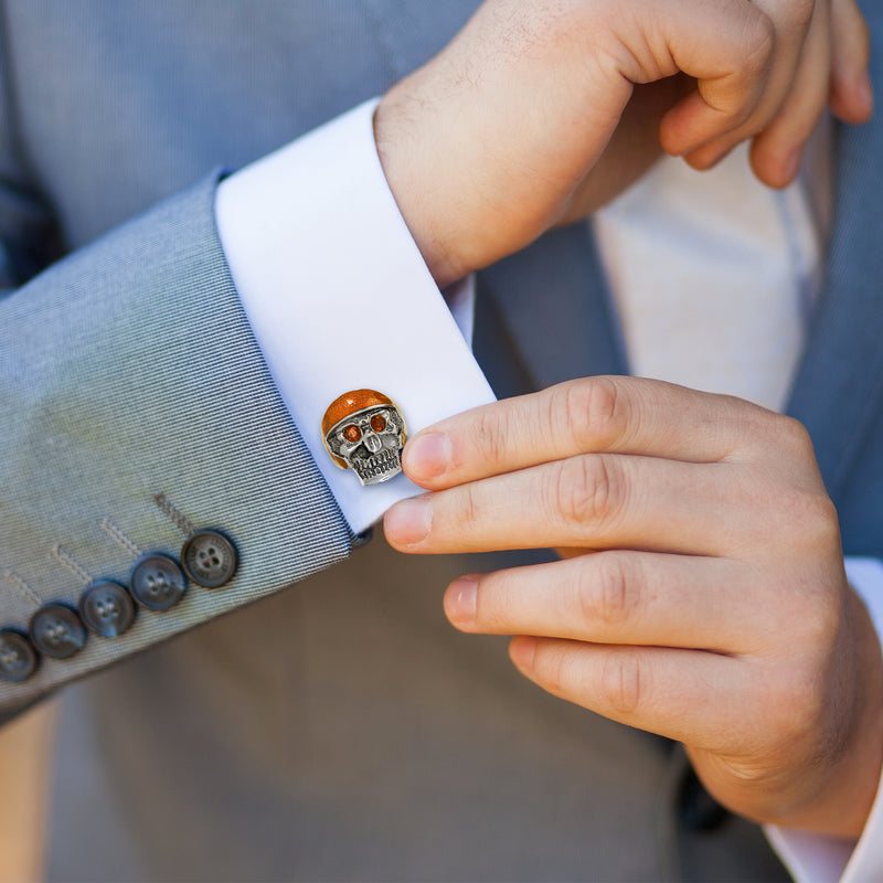 Moto Skull Cufflinks with Orange Helmet and Red Eyes