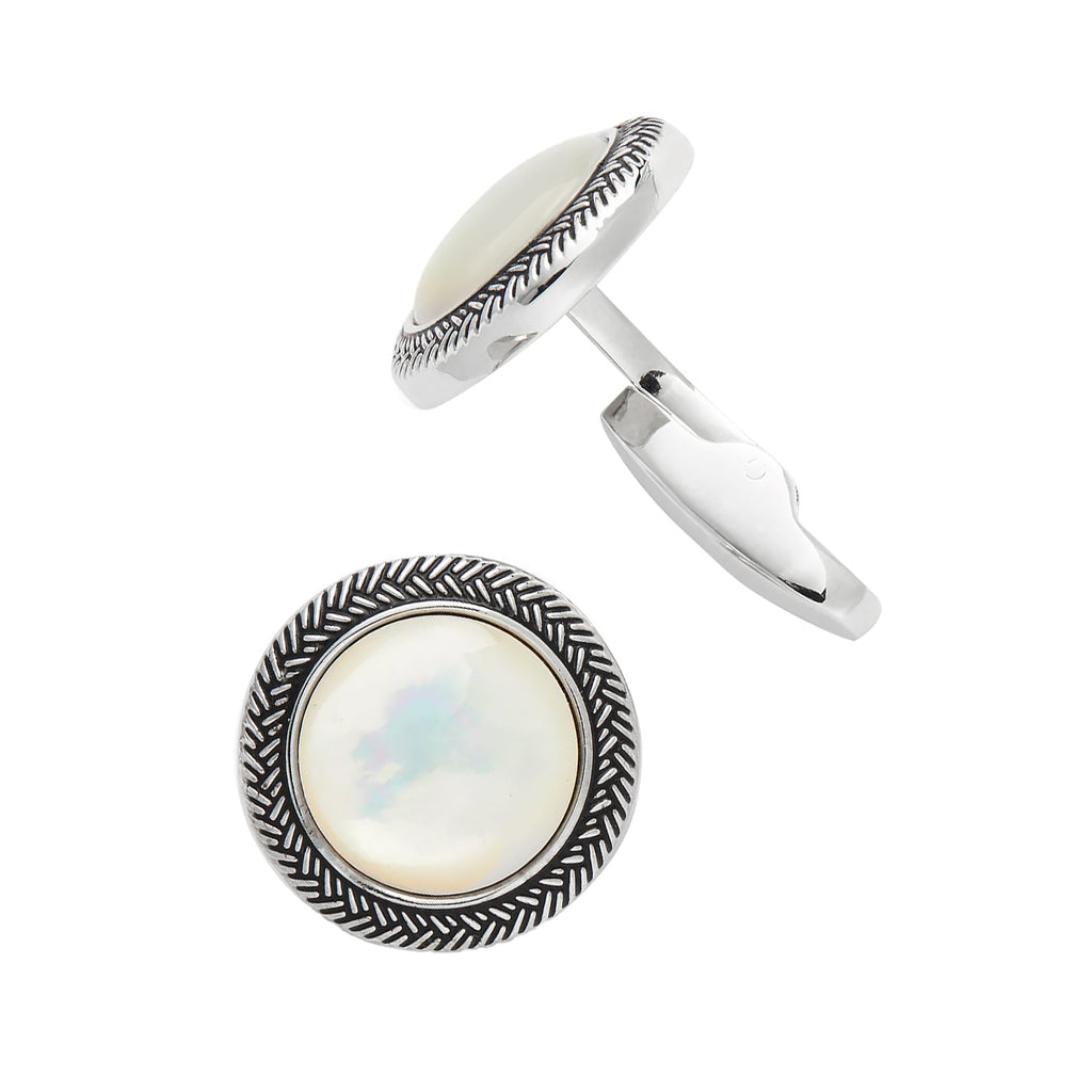Gemstone Round Cufflinks with Antique Silver Braided Border