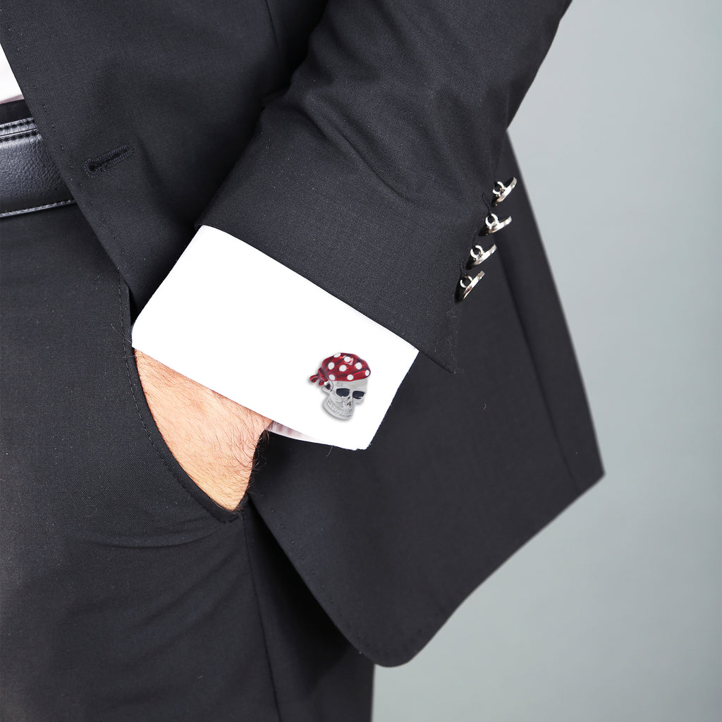 Pirate Skull Cufflinks with Red Enamel