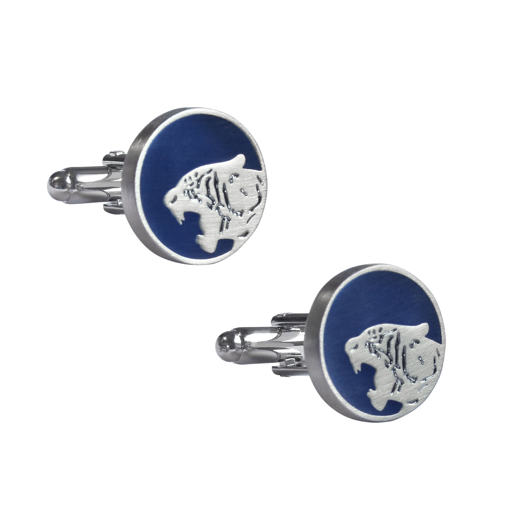 Roaring Tiger Silhouette Cufflinks with Blue Enamel