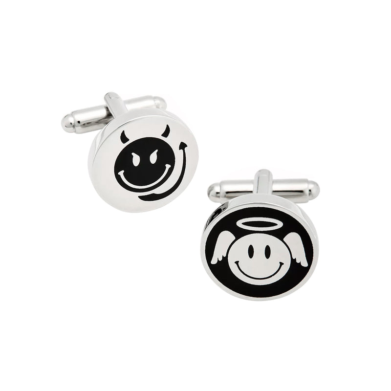 Angel & Devil Smiley Face Cufflinks with Black Enamel