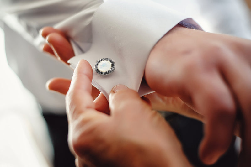 Mother of Pearl Gemstone Round Cufflinks with Antique Silver Braided Border