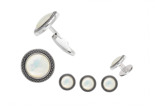 Mother of Pearl Braided Border Cufflinks & Tuxedo Studs