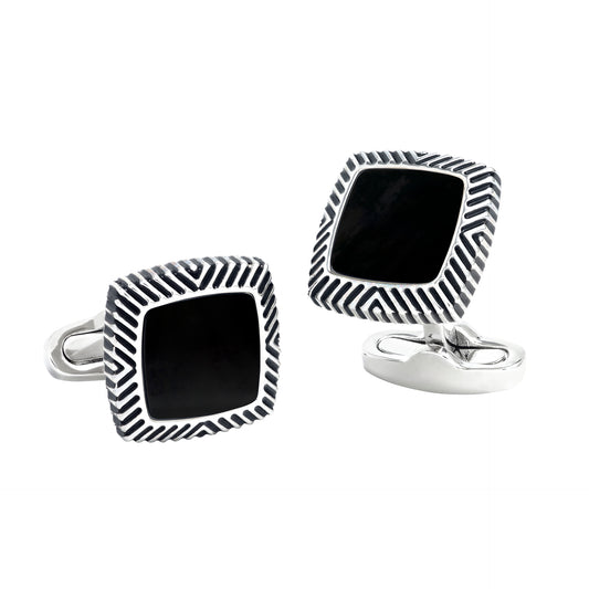 Pair of square cushion silver cufflinks with matte black onyx centre 