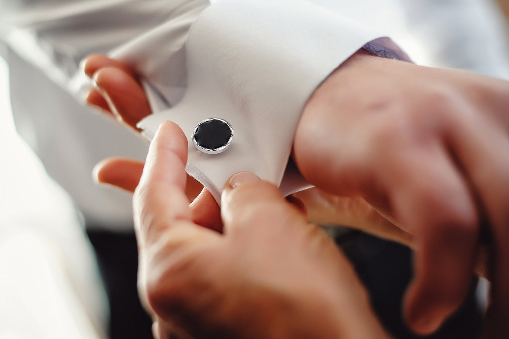 Wave Rim Round Cufflinks with Black Enamel