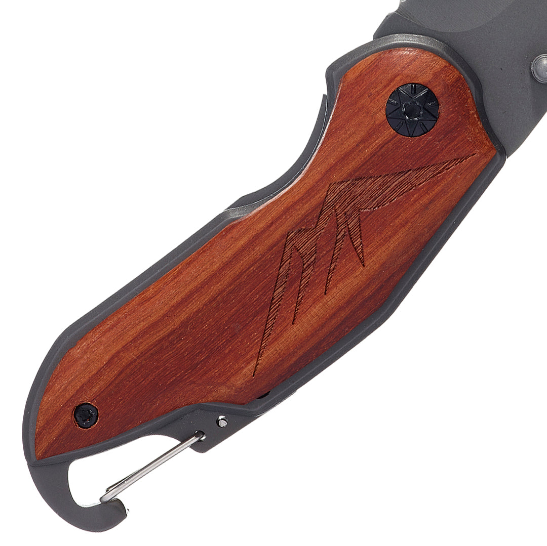 Folding Pocket Knife with Etched Mountain Silhouette Wood Handle