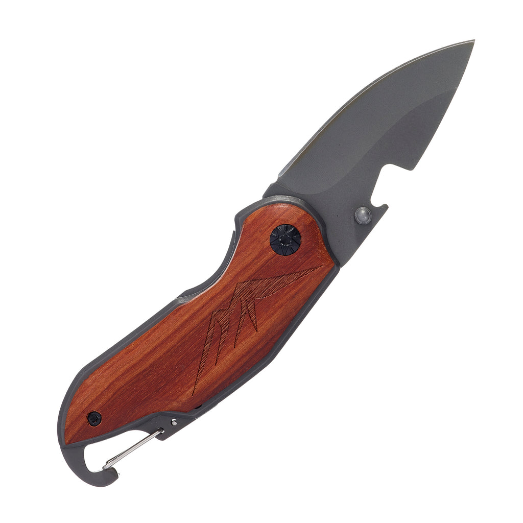 Folding Pocket Knife with Etched Mountain and Tree Silhouette Wood Handle