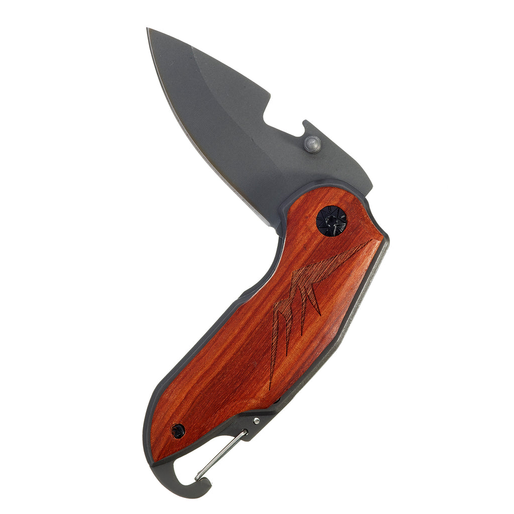 Folding Pocket Knife with Etched Mountain and Tree Silhouette Wood Handle