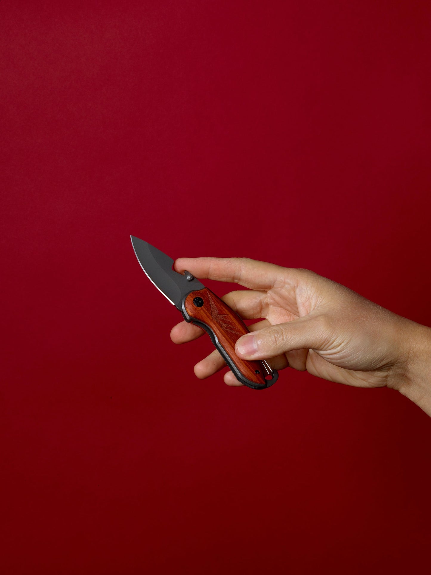 Folding Pocket Knife with Etched Mountain Silhouette Wood Handle