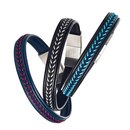 Three men's leather bracelets with herringbone-stitch braid accents in navy-red, black-grey, and navy-blue with silver magnetic clasps