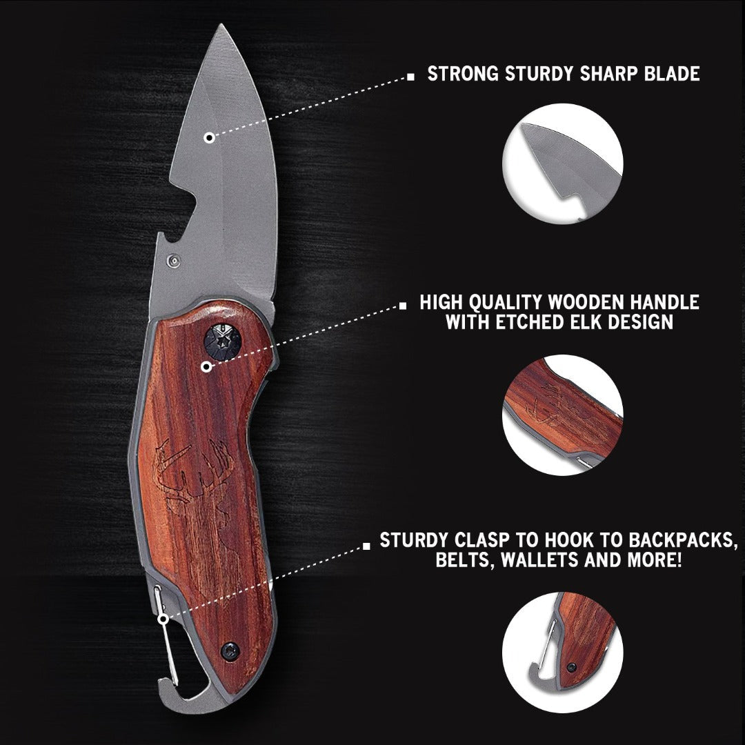 Folding Pocket Knife with Etched Mountain Silhouette Wood Handle
