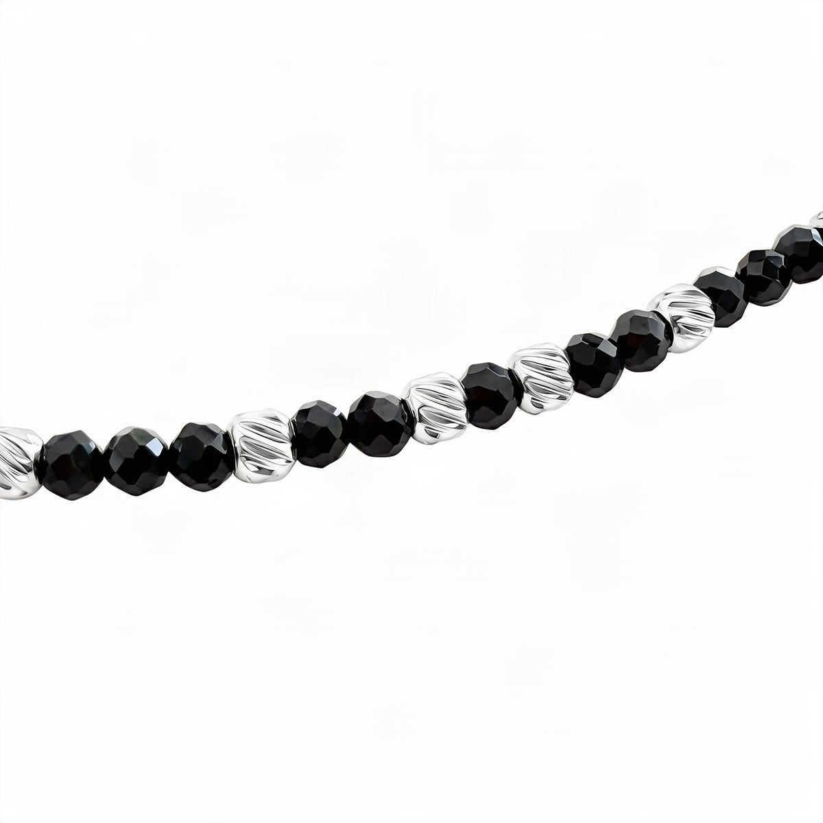 Black Agate Bead Necklace with Steel Accent