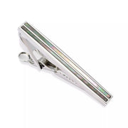 Grey Mother of Pearl Strip Silver Tone Short Tie Bar