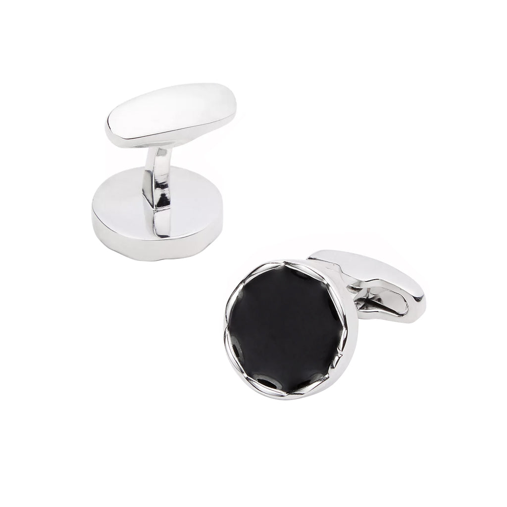 Wave Rim Round Cufflinks with Black Enamel