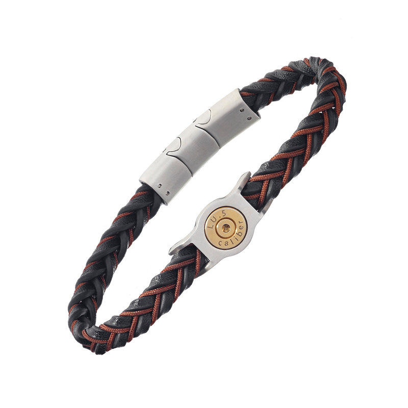 Braided Two-color Leather Bracelet with Stainless Steel Detail