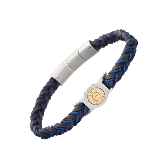 Single-strand navy and brown braided leather bracelet with brushed silver magnetic bar clasp