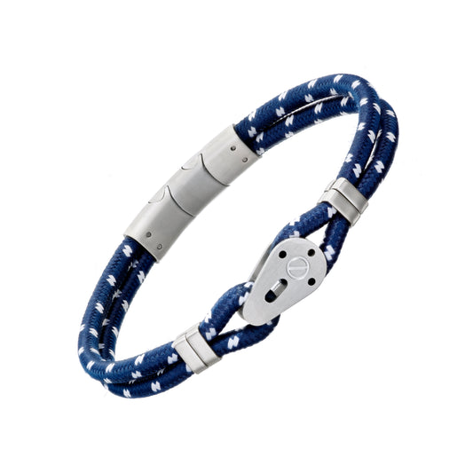 Double-strand navy and white flecked nylon cord bracelet with brushed stainless steel sailing pulley clasp shown face-on with magnetic clasp