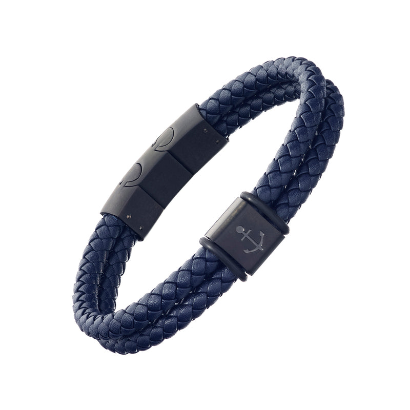 Braided Leather Bracelet with Stainless Steel Anchor Detail