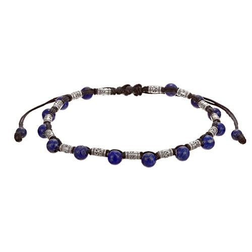 Lapis Gemstone and Rivet Bead Pull Cord Sterling Silver Bracelet