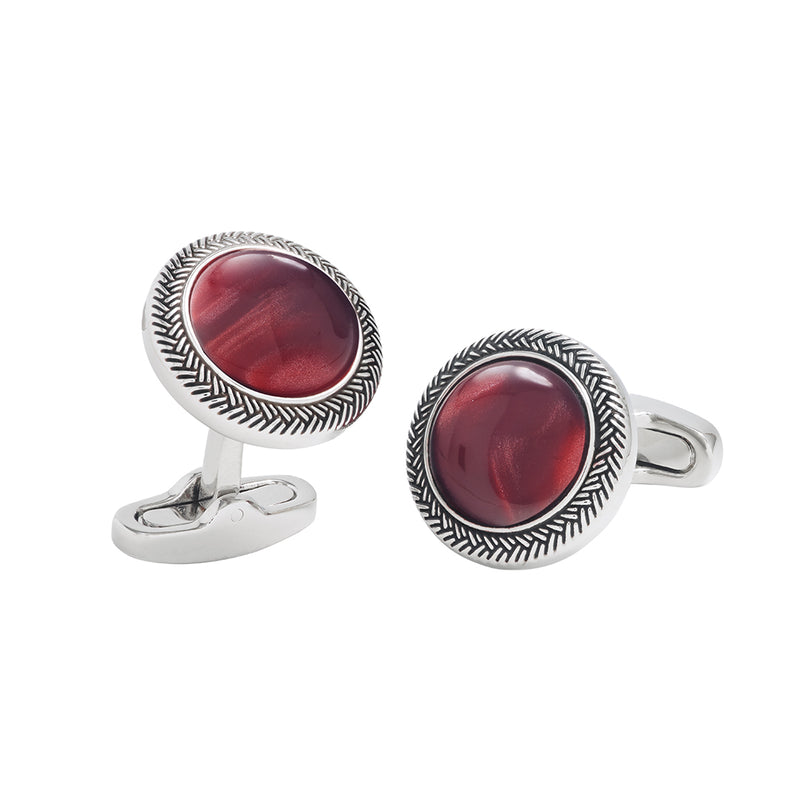 Burgundy Gemstone Round Cufflinks with Antique Silver Braided Border