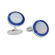 Pair of round silver cufflinks with iridescent white mother-of-pearl centre