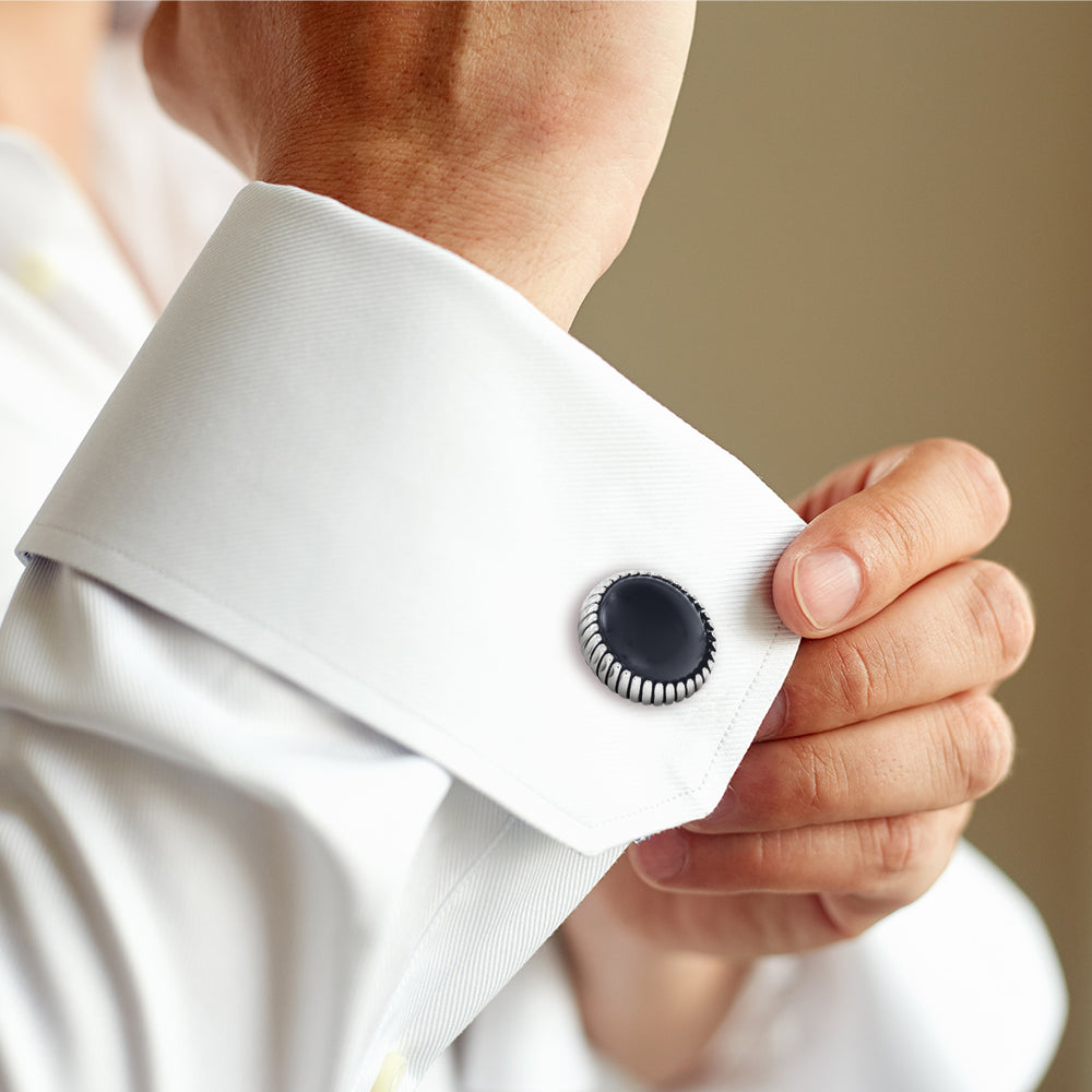 Black Onyx Round Cufflinks with Texture Border – LINK UP |Men's