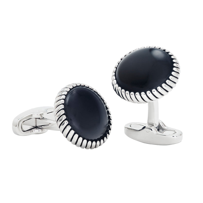 Black Onyx Round Cufflinks with Texture Border