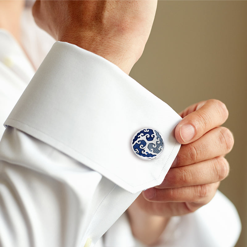 Round Cufflinks with Blue Enamel Wave Overlay