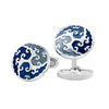 Round Cufflinks with Blue Enamel Wave Overlay