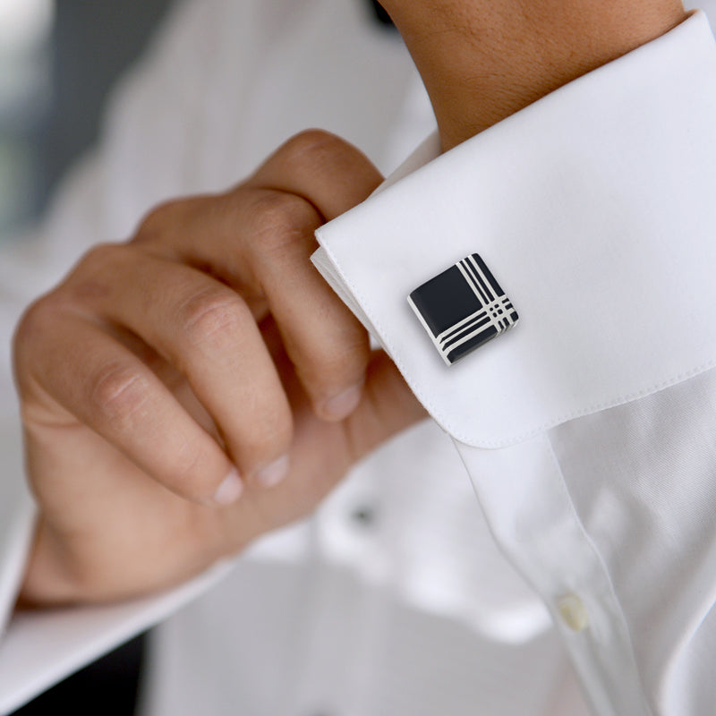 Black Onyx Square Cufflinks with Plaid Metal Inlay