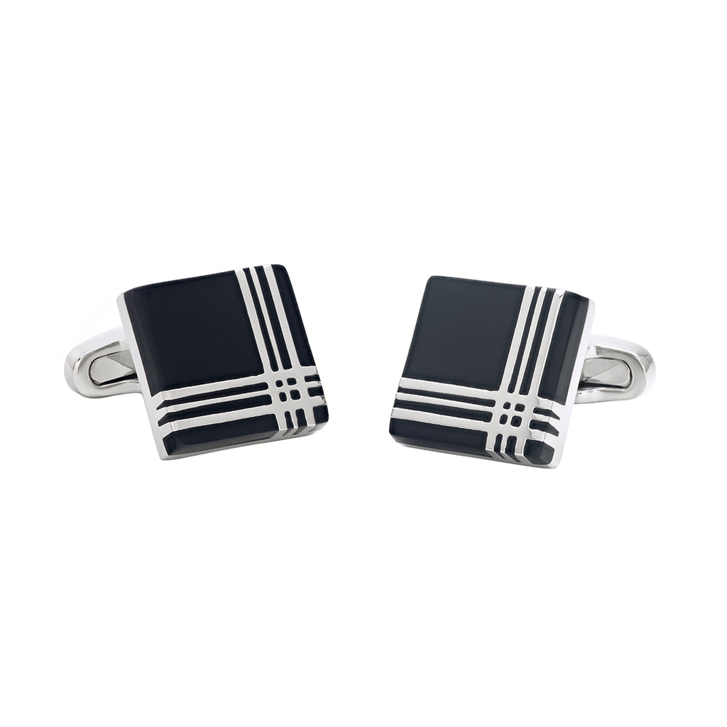 Black Onyx Square Cufflinks with Plaid Metal Inlay