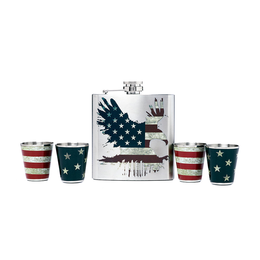 American Flag Bald Eagle Printed Stainless Steel Flask and Shot Glass Set