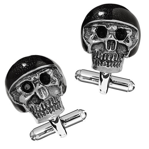 Moto Skull Cufflinks with Black Helmet and Crystal Eyes by LINK UP