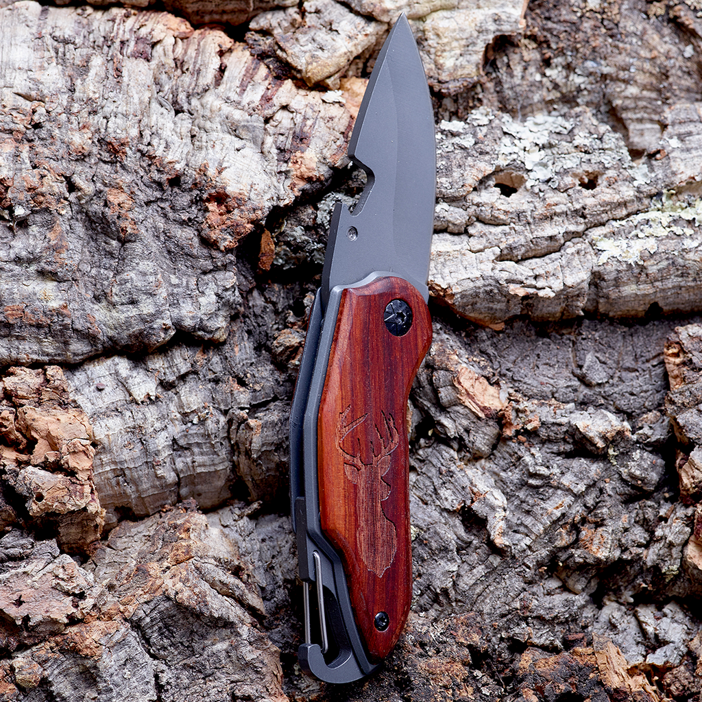 Folding Pocket Knife with Etched Elk Wood Handle