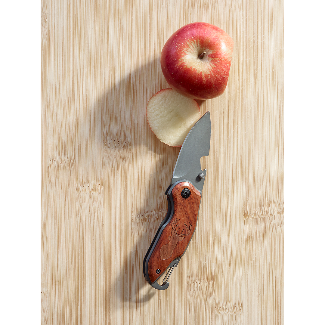 Folding Pocket Knife with Etched Deer Wood Handle