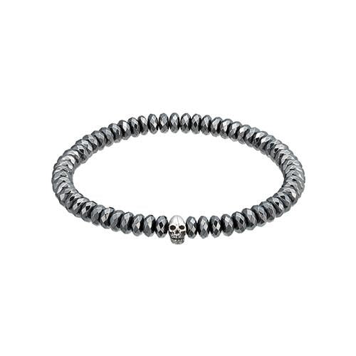 Gemstone Bead Elastic Bracelet with Silver Tone Skull