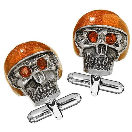 Moto Skull Cufflinks with Orange Helmet and Red Eyes by LinkUp